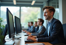 Jeune spécialiste informatique souriant au bureau moderne