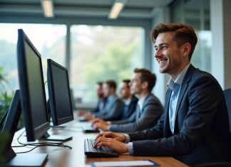 Jeune spécialiste informatique souriant au bureau moderne