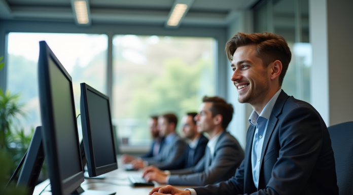 Jeune spécialiste informatique souriant au bureau moderne