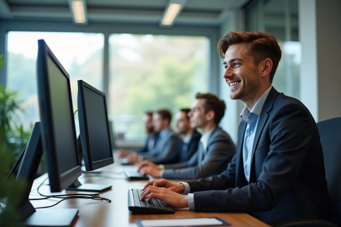 jeune-specialiste-informatique-bureau Jeune spécialiste informatique souriant au bureau moderne