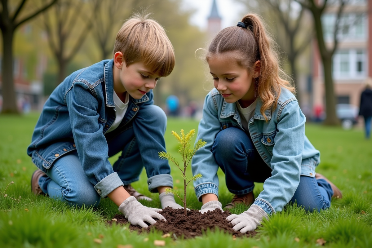 Jeunes plantant un arbre dans un parc urbain avec des bâtiments en arrière-plan