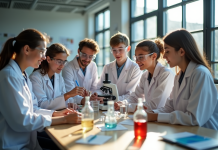 Groupe d'élèves en sciences dans un laboratoire moderne