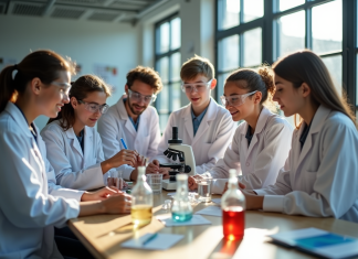 Groupe d'élèves en sciences dans un laboratoire moderne
