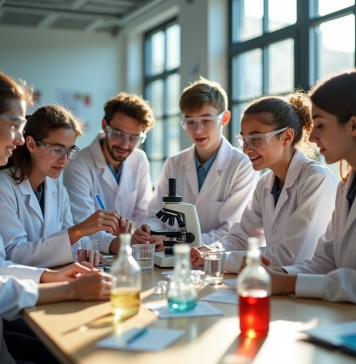 Groupe d'élèves en sciences dans un laboratoire moderne