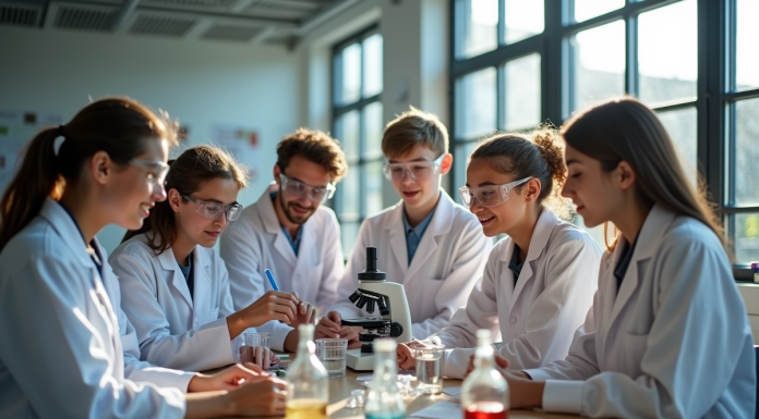 Groupe d'élèves en sciences dans un laboratoire moderne