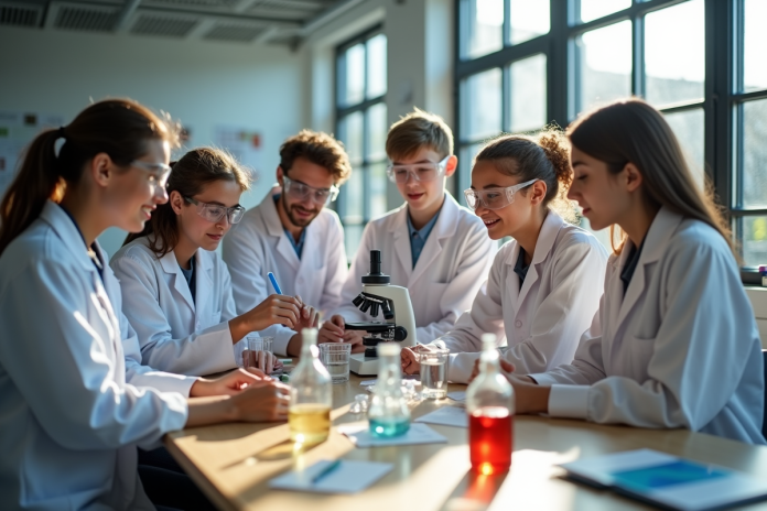 Groupe d'élèves en sciences dans un laboratoire moderne
