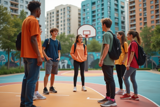 Groupe d'adolescents autour d'un terrain de basket coloré