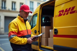 Livreur DHL en uniforme jaune et rouge debout près de son camion de livraison garé dans une rue française, tenant un colis non livré pendant une période de grève