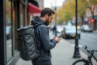 Livreur Uber Eats masculin consultant son smartphone à vélo en ville en 2026