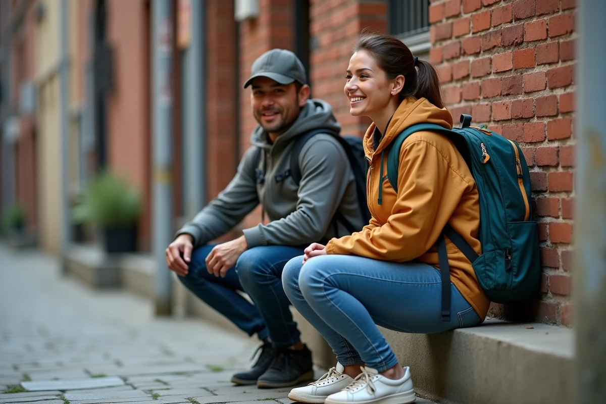 Deux livreurs de repas en pause discutant dans une ruelle urbaine avec leurs sacs de livraison