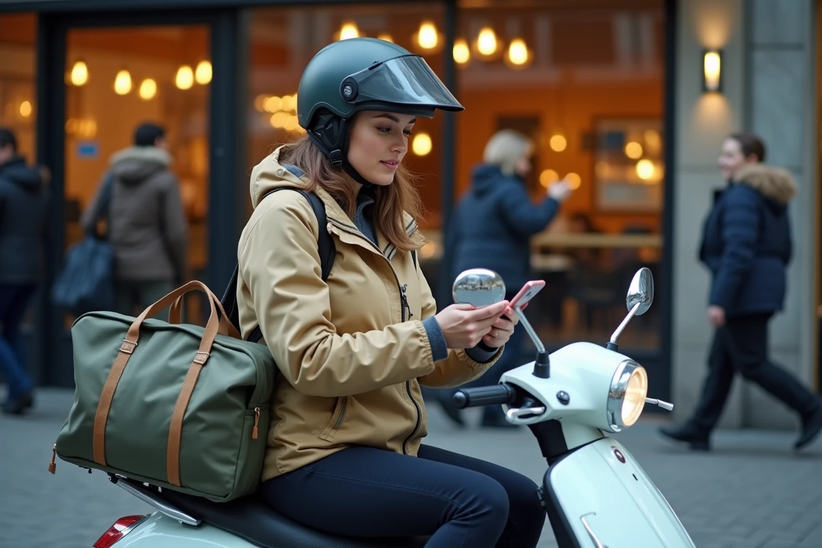 Livreuse à scooter devant un restaurant avec sac thermique et application de navigation