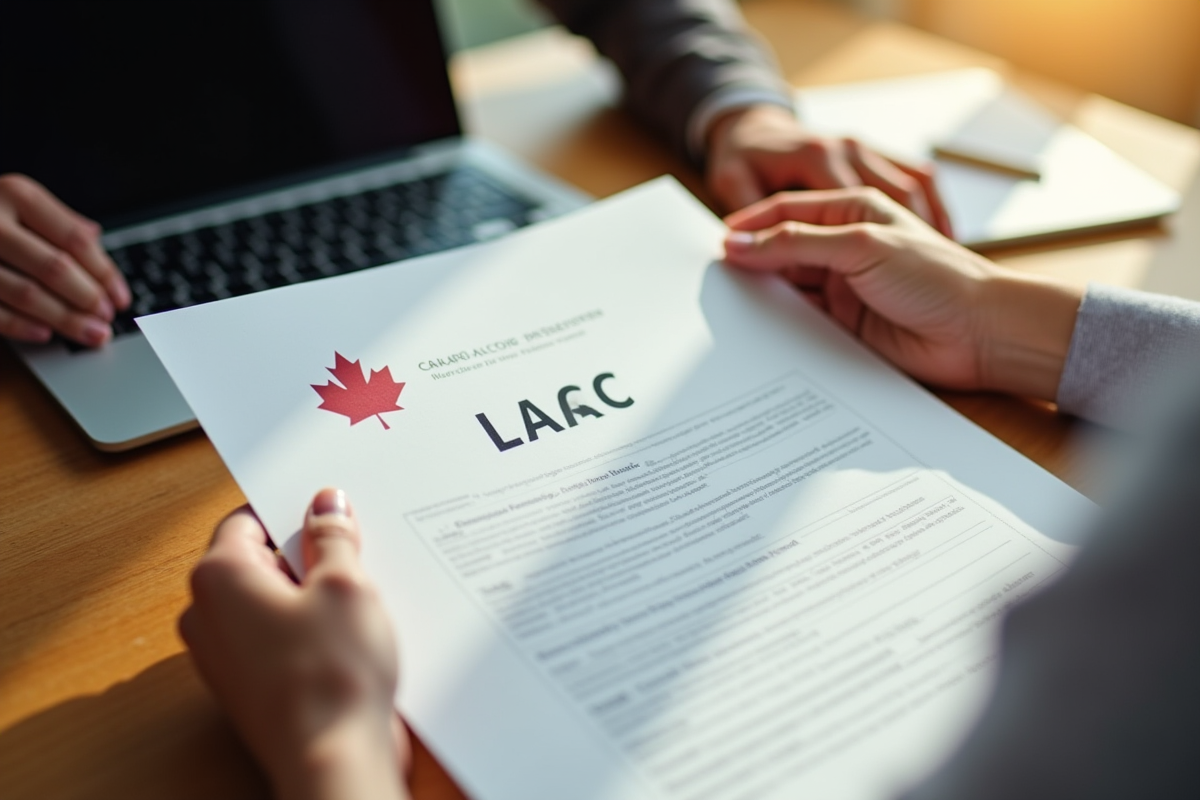 Mains tenant un document officiel avec un drapeau canadien
