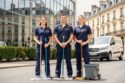 Équipe professionnelle de nettoyage en Gironde devant un immeuble moderne à Bordeaux