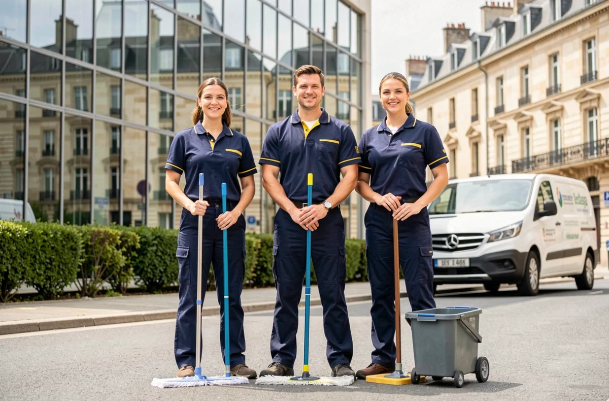 Équipe professionnelle de nettoyage en Gironde devant un immeuble moderne à Bordeaux
