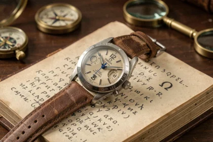 Montre Omega Seamaster vintage posée sur un livre ancien ouvert sur l'alphabet grec, symbolisant l'origine du logo Omega
