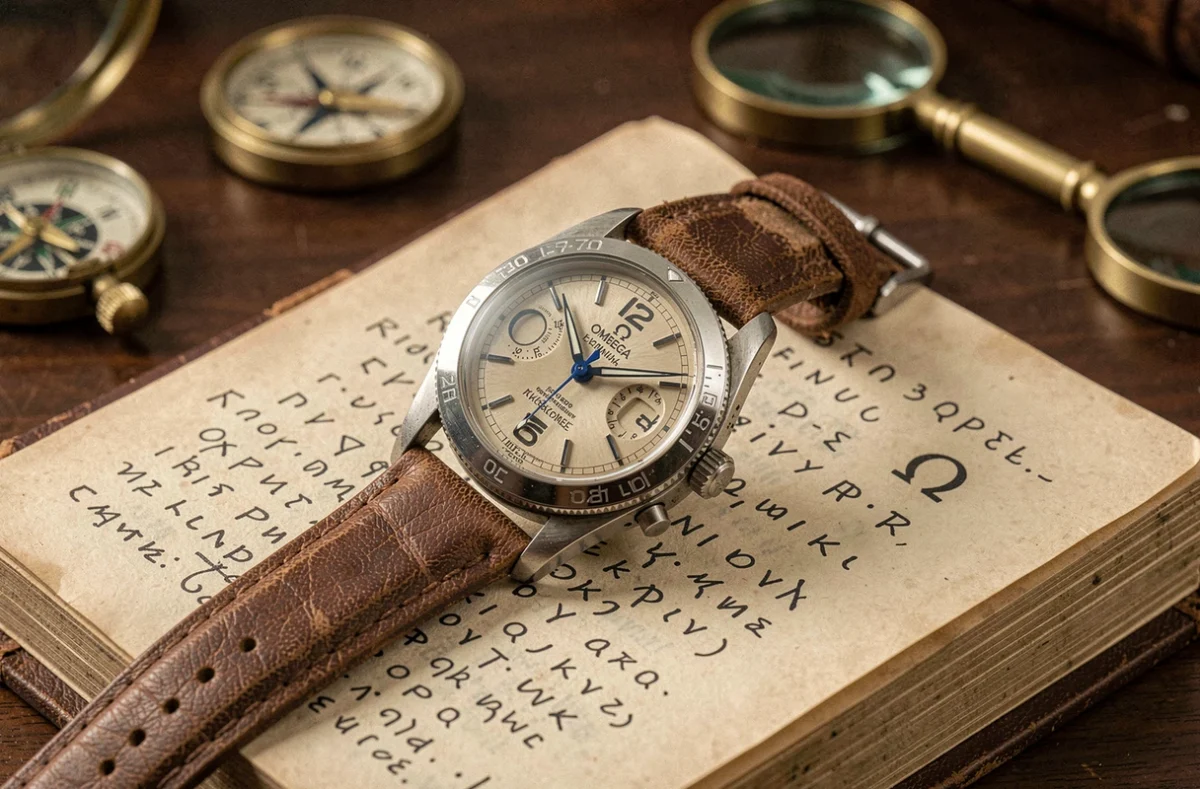 Montre Omega Seamaster vintage posée sur un livre ancien ouvert sur l'alphabet grec, symbolisant l'origine du logo Omega