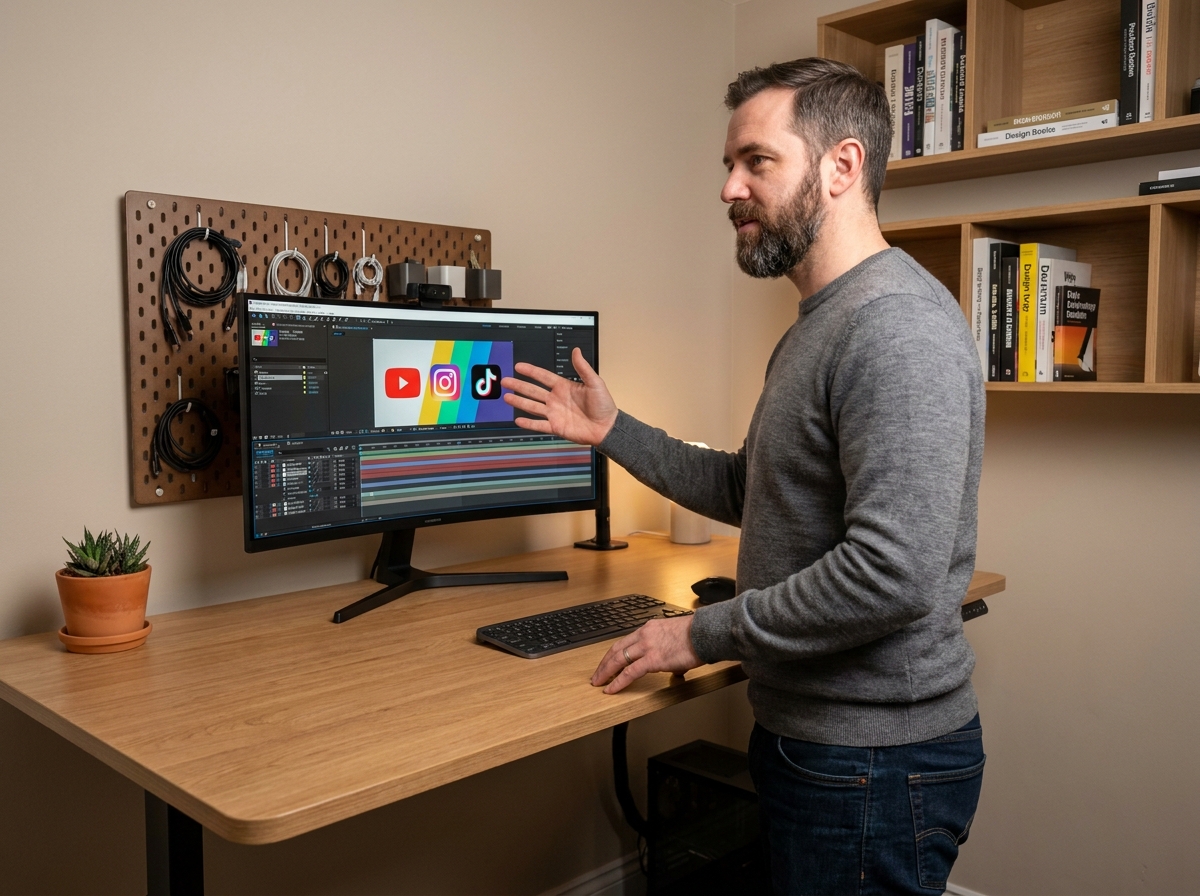 Motion designer masculin travaillant sur une timeline d'animation vidéo pour une campagne publicitaire sur les réseaux sociaux depuis son studio à domicile