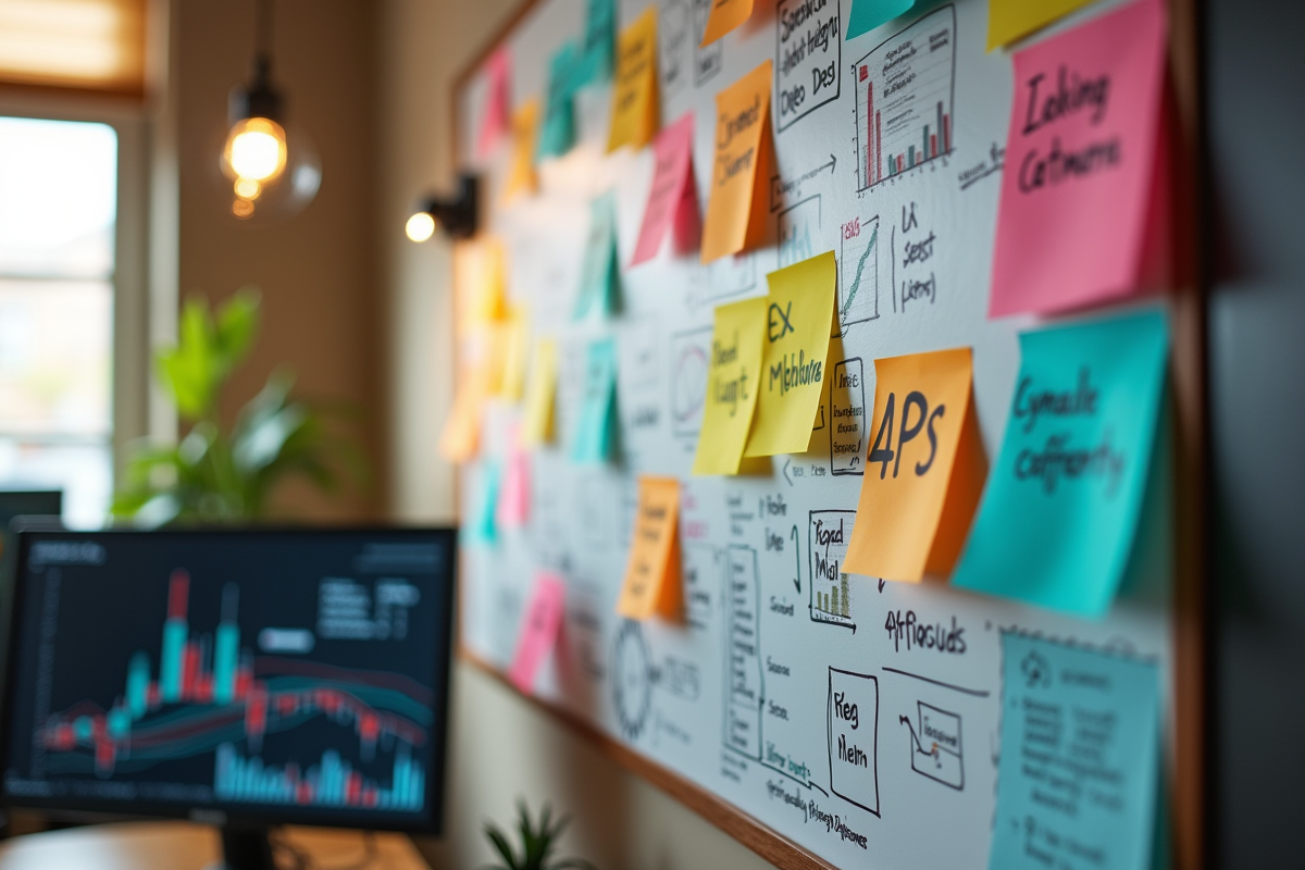 Mur avec notes et diagrammes du marketing mix 4Ps