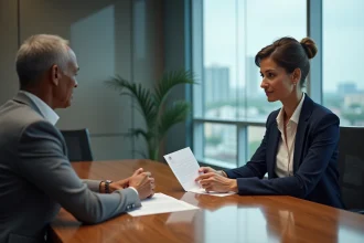 Femme d'affaires en réunion avec un homme en costume dans un bureau moderne