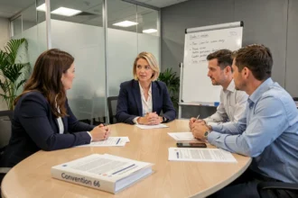 Réunion de négociation entre DRH et représentants du personnel autour d'un exemplaire de la Convention 66 dans une salle de réunion professionnelle