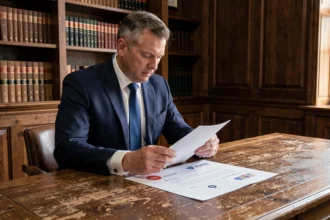 Notaire en costume marine examinant des documents d'identité visuelle sur un bureau en chêne dans un cabinet traditionnel