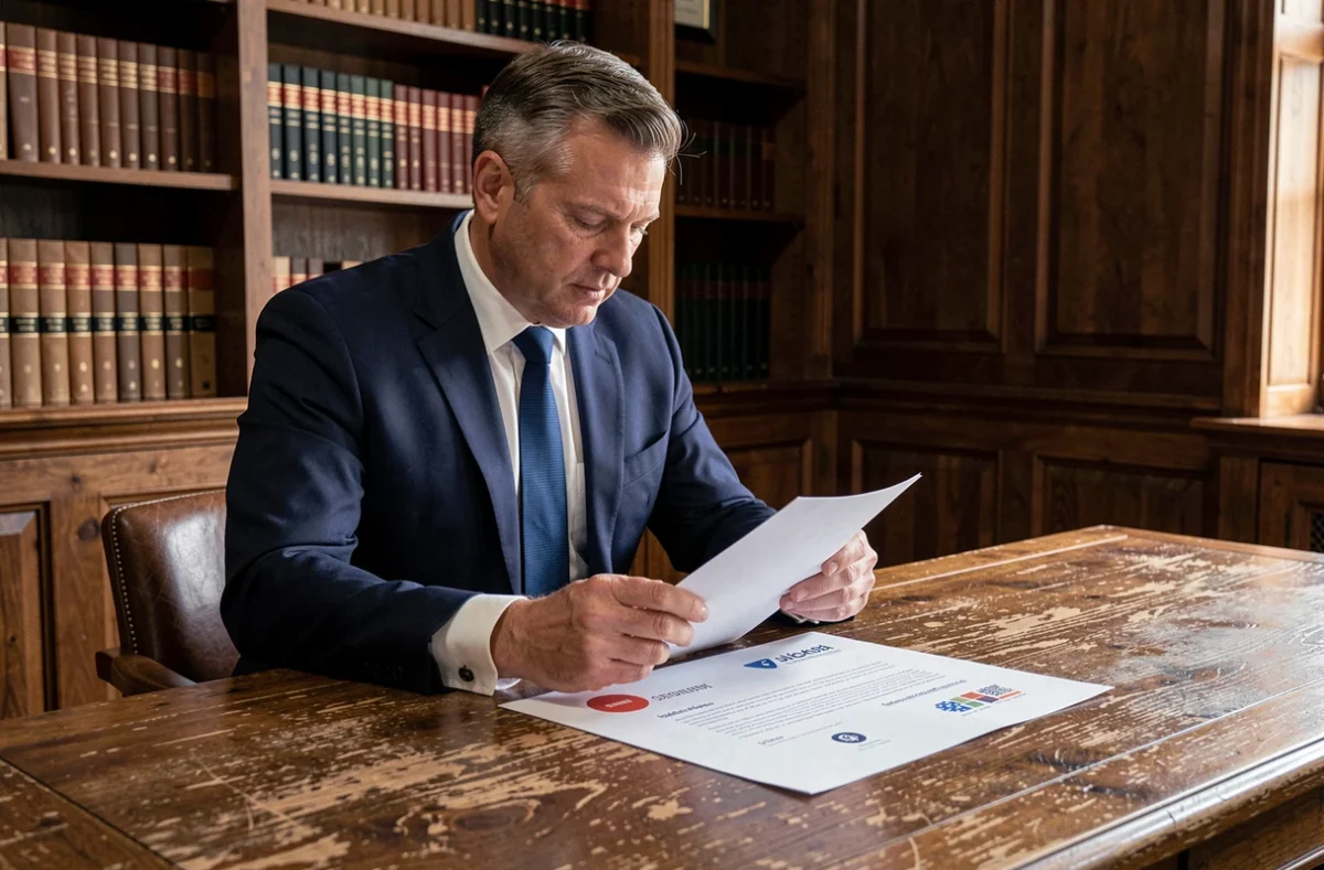 Notaire en costume marine examinant des documents d'identité visuelle sur un bureau en chêne dans un cabinet traditionnel