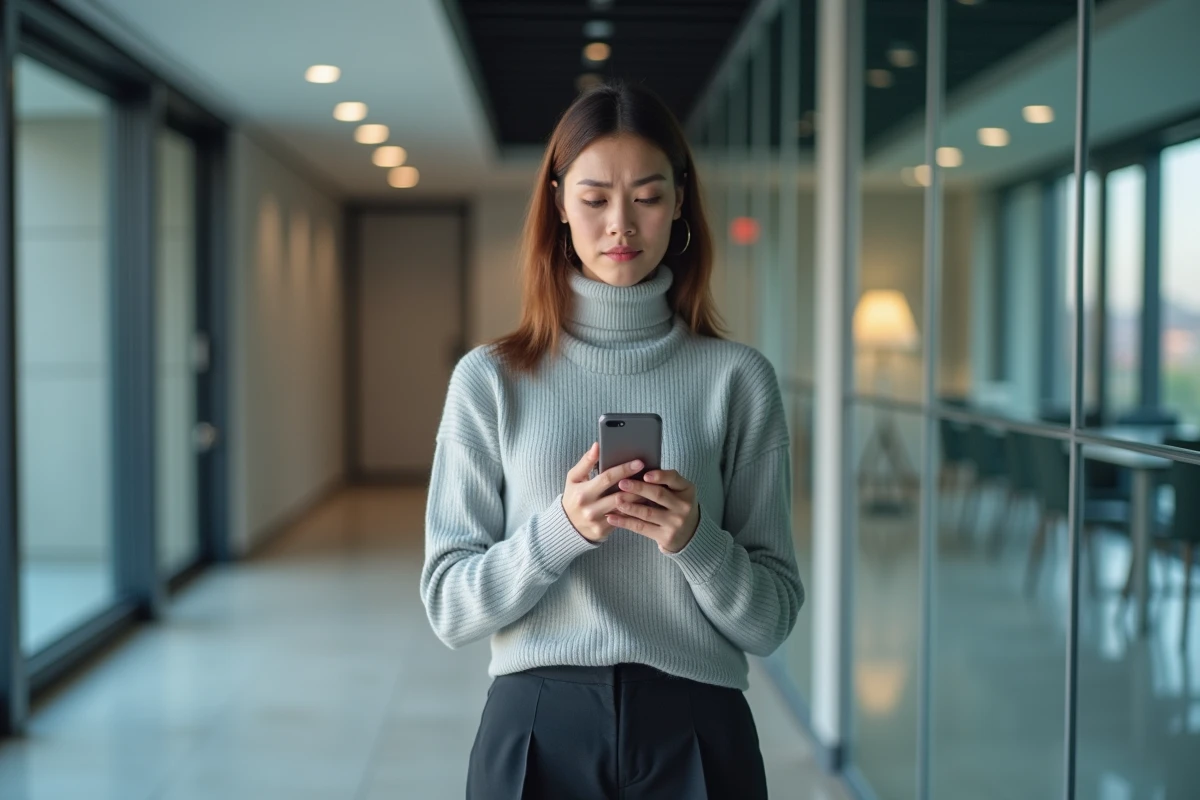 Employé consultant une notification de blocage de compte RH sur son smartphone dans un couloir de bureaux modernes