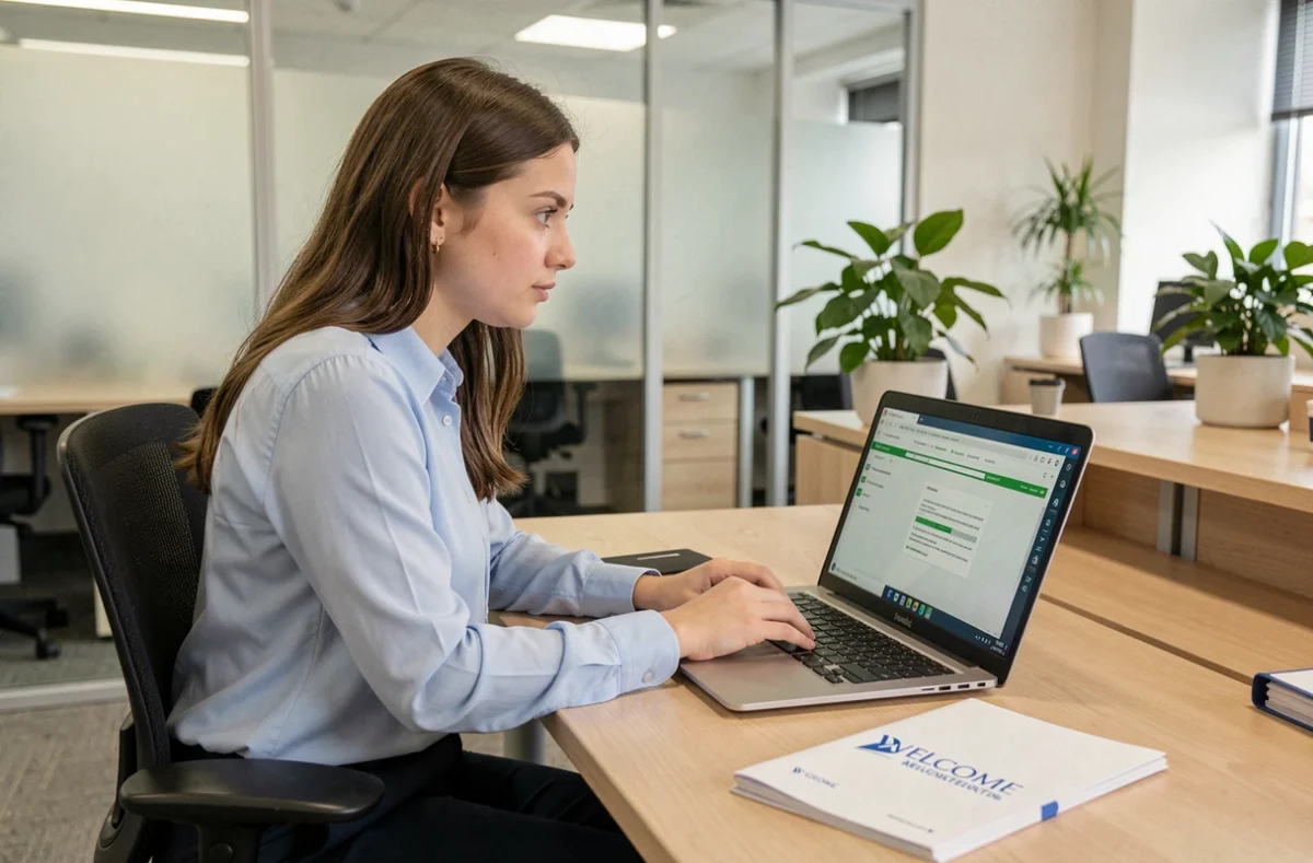 Nouvelle employée consultant ses premiers documents RH sur un portail numérique lors de son premier jour au bureau