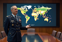 Qui défie l’OTAN : comparatif puissances militaires mondiales Officier militaire en uniforme devant une carte digitale mondiale