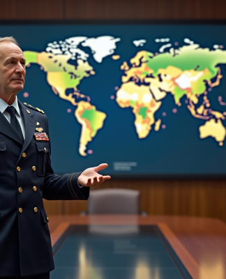 Qui défie l’OTAN : comparatif puissances militaires mondiales Officier militaire en uniforme devant une carte digitale mondiale