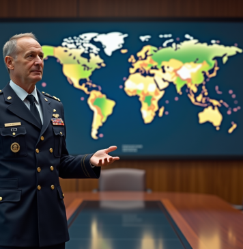 Officier militaire en uniforme devant une carte digitale mondiale