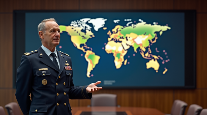 Qui défie l’OTAN : comparatif puissances militaires mondiales Officier militaire en uniforme devant une carte digitale mondiale