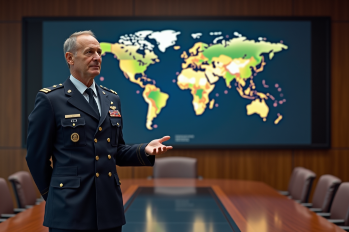 Officier militaire en uniforme devant une carte digitale mondiale