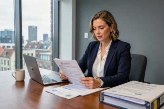 Femme professionnelle examinant des documents fiscaux liés à une organisation d'utilité publique dans un bureau moderne