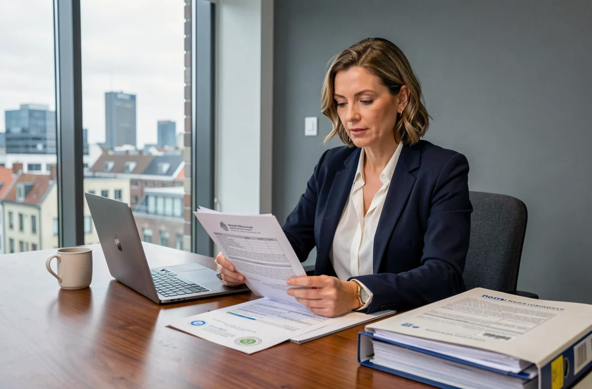 Femme professionnelle examinant des documents fiscaux liés à une organisation d'utilité publique dans un bureau moderne