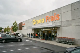 Façade extérieure d'un magasin Grand Frais en zone commerciale avec clients à l'entrée