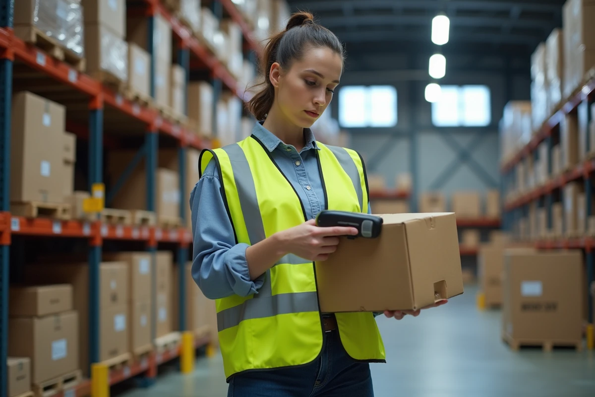 Jeune femme entreposant avec lecteur RFID dans un entrepôt