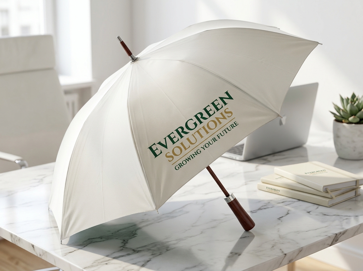 Gros plan d'un parapluie personnalisé avec logo d'entreprise imprimé posé sur un bureau en marbre dans un bureau moderne