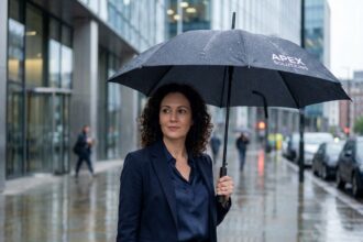 Femme professionnelle tenant un parapluie personnalisé avec logo d'entreprise devant un immeuble de bureaux moderne