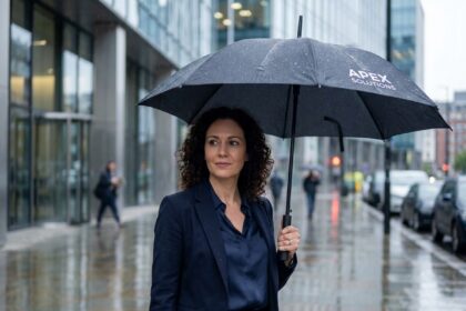 Femme professionnelle tenant un parapluie personnalisé avec logo d'entreprise devant un immeuble de bureaux moderne