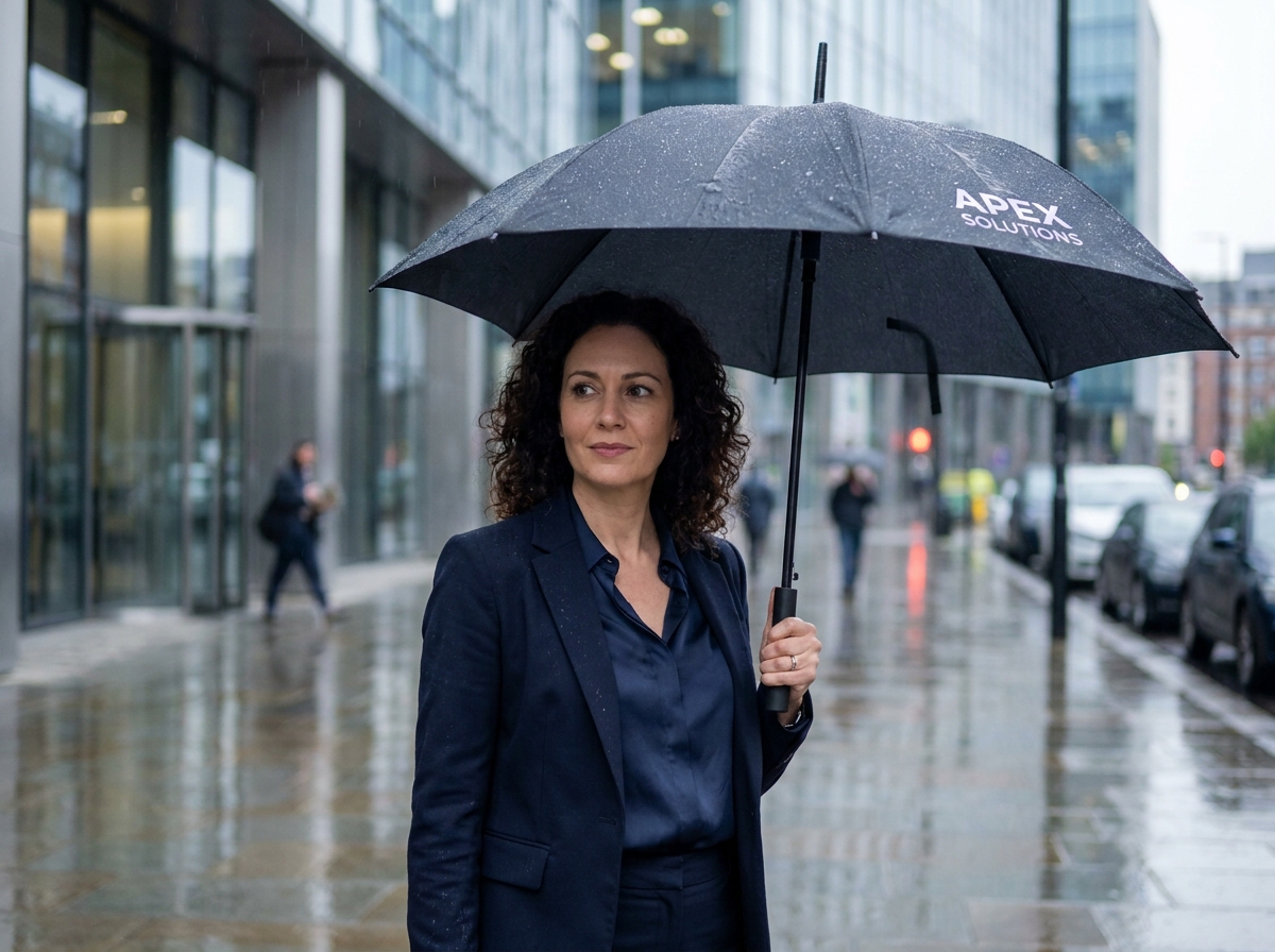 Femme professionnelle tenant un parapluie personnalisé avec logo d'entreprise devant un immeuble de bureaux moderne