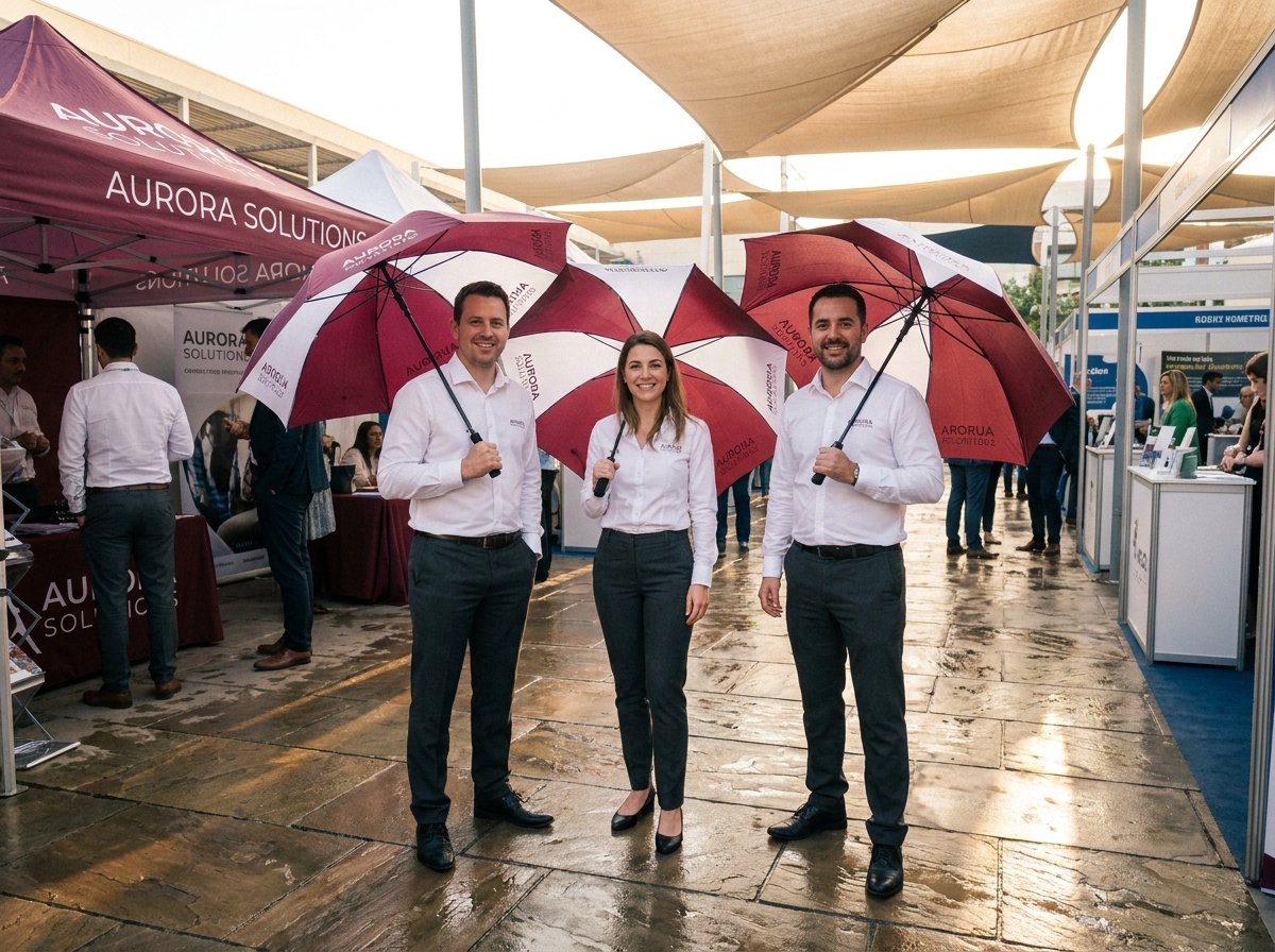 Groupe de professionnels en entreprise tenant des parapluies personnalisés assortis lors d'un événement corporate en extérieur