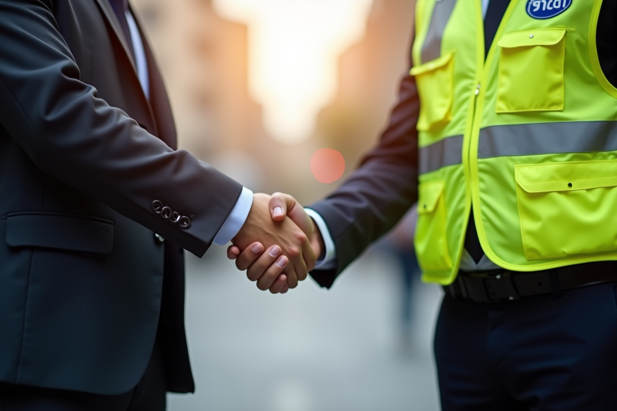 Poignée de main entre deux personnes en milieu urbain
