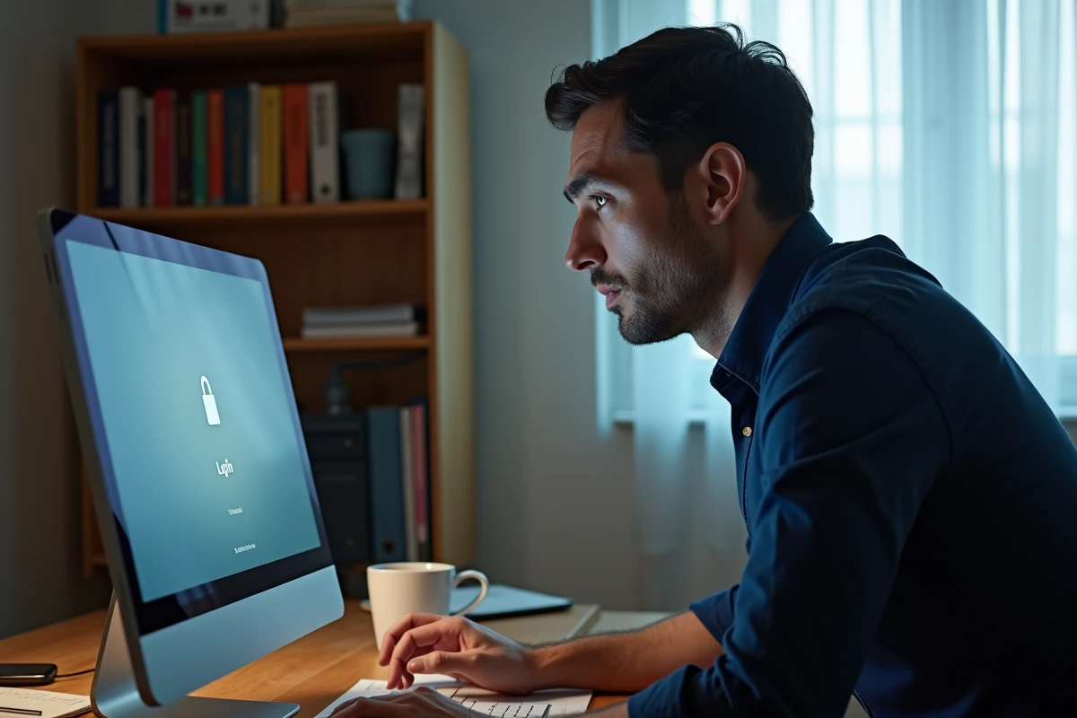 Homme en télétravail faisant face à un problème d'accès à son espace personnel RH sur ordinateur de bureau