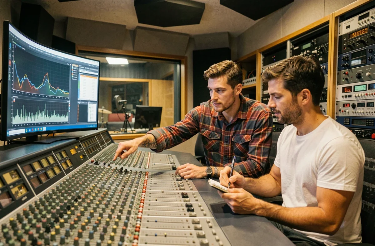 Deux producteurs de musique collaborant devant une console de mixage analogique dans une salle de contrôle de studio professionnel
