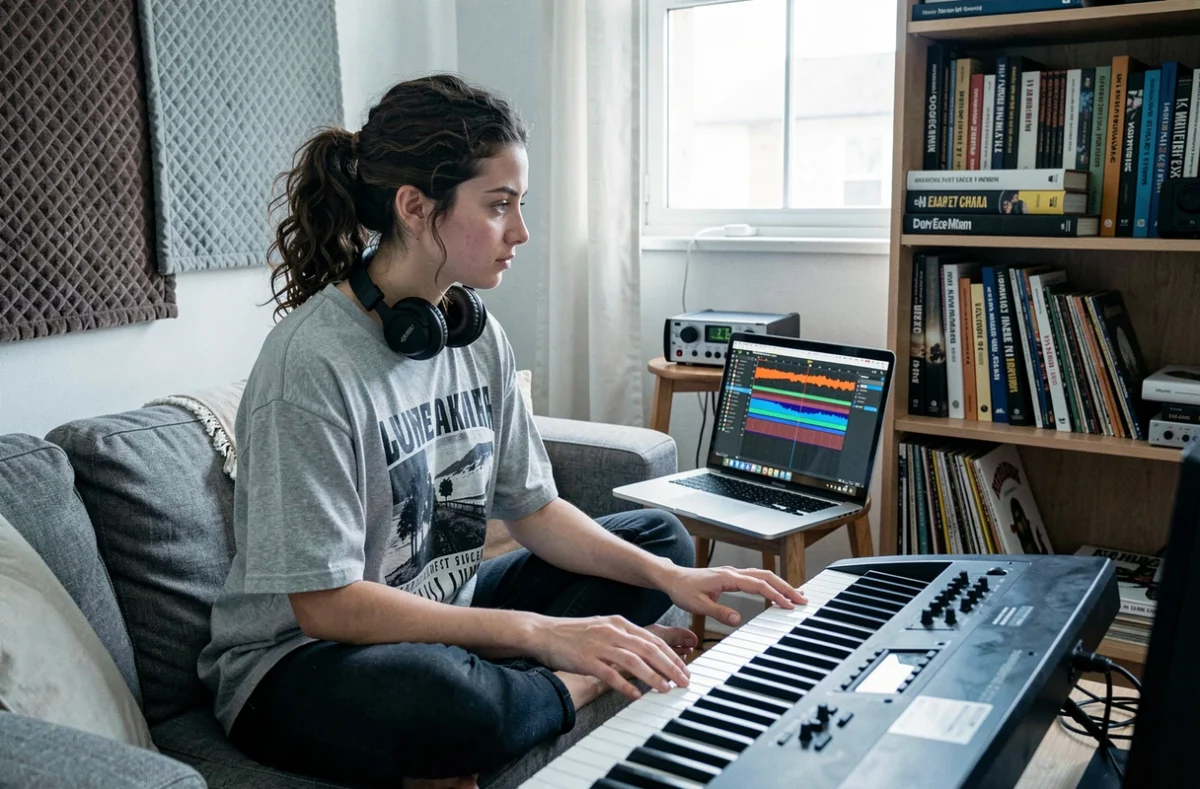 Jeune productrice musicale analysant les fréquences de son mix sur un ordinateur portable dans un studio maison aménagé