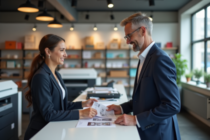 Homme d'affaires en costume navy échangeant avec technicienne d'impression