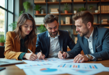 Trois professionnels analysant des graphiques de marché dans un bureau moderne