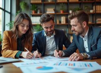 Trois professionnels analysant des graphiques de marché dans un bureau moderne