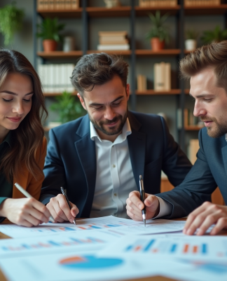 Étude marketing : Découvrez les 4 phases essentielles pour réussir Trois professionnels analysant des graphiques de marché dans un bureau moderne